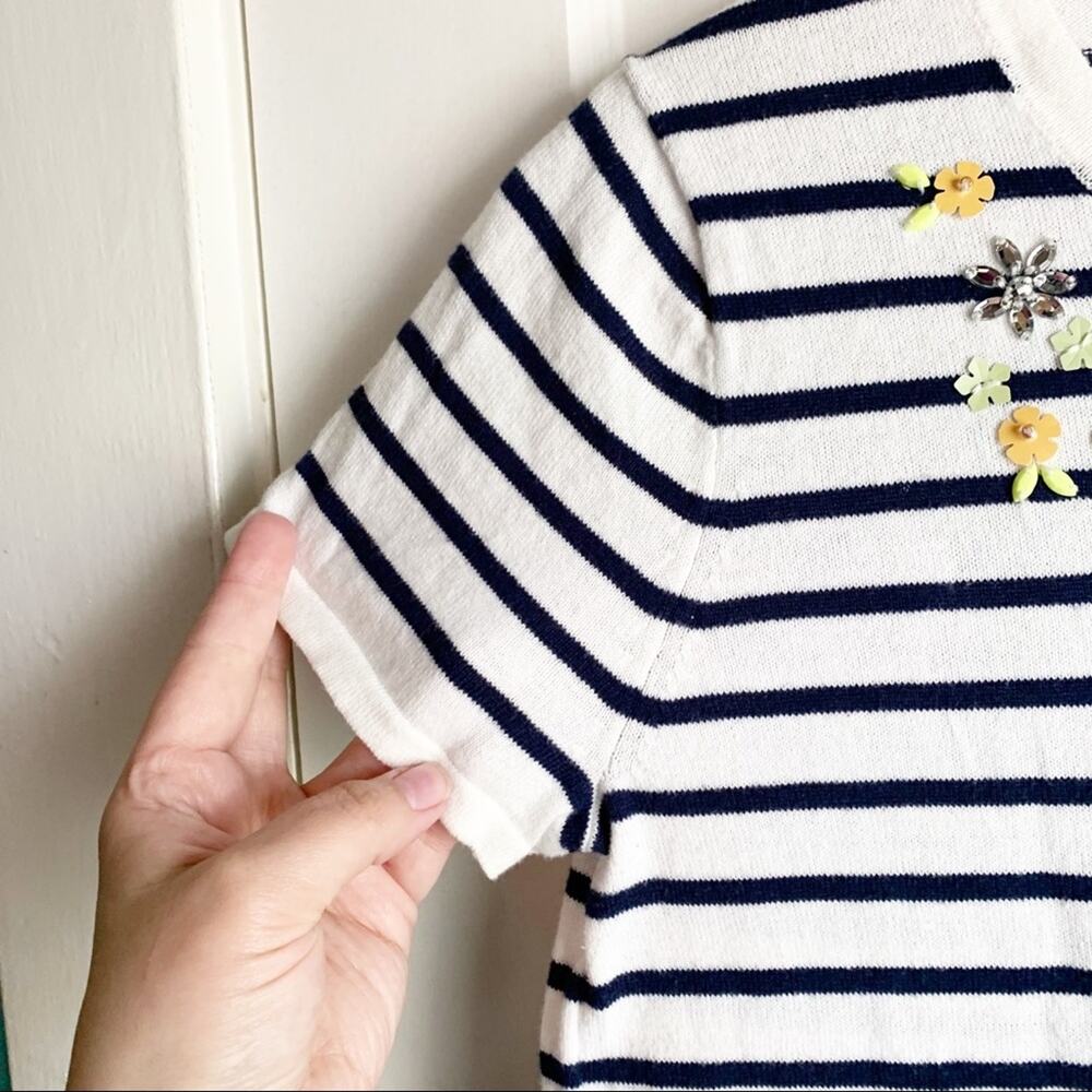 J. Crew Factory Embellished Lightweight T-Shirt Sweater Striped Floral Accent S - Picture 4 of 11